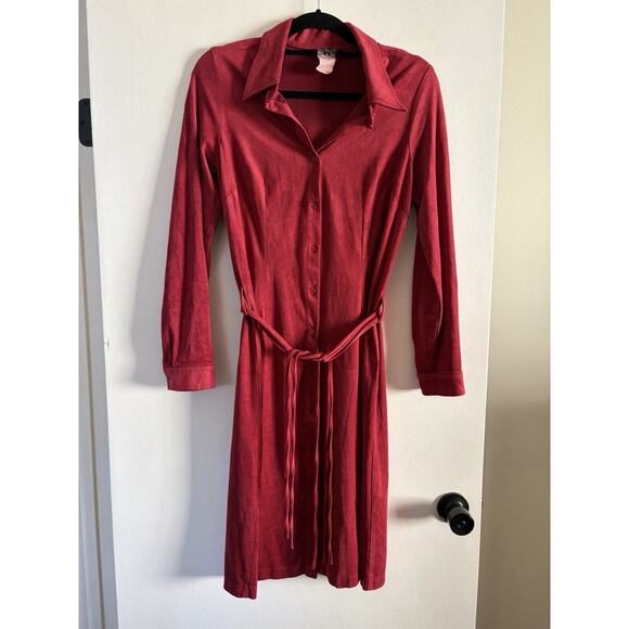 ABS by Allen Schwartz Suede Long sleeve Dress Red Size 8 Button Front Holiday - Picture 1 of 6
